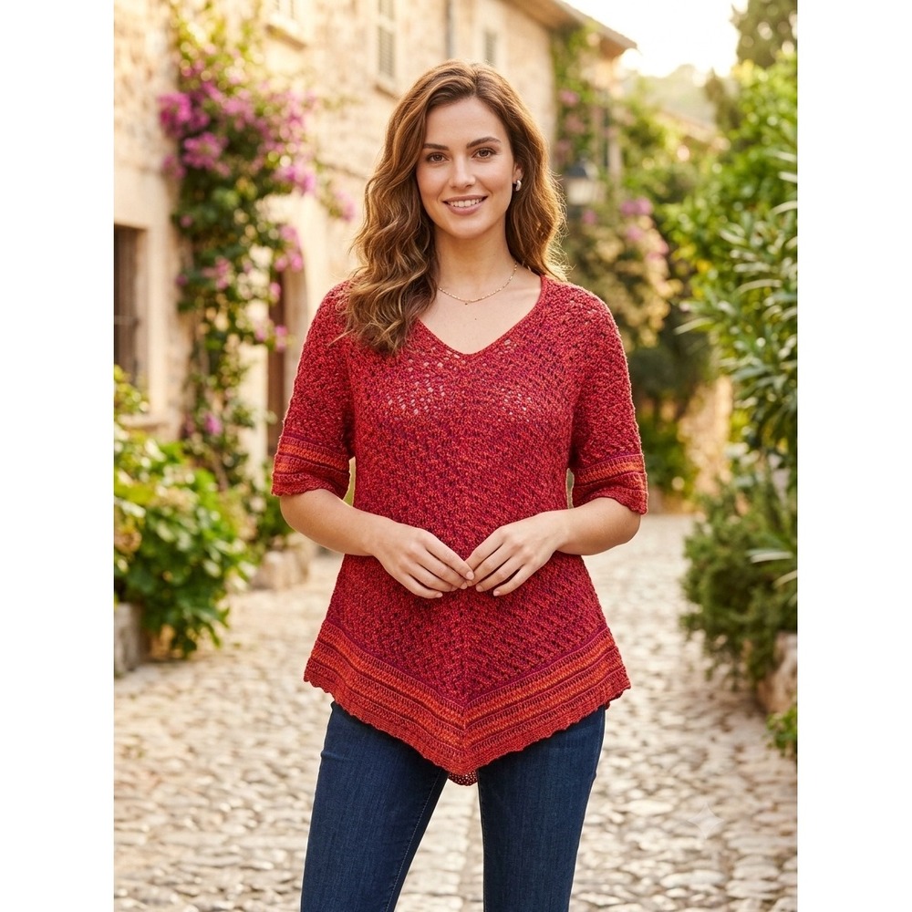 Faded Glory Red Orange Marled Open Knit V-Neck Sharkbite Hem Sweater L 12-14